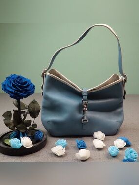 Coach Blue Leather Shoulder Bag with Cream Trim